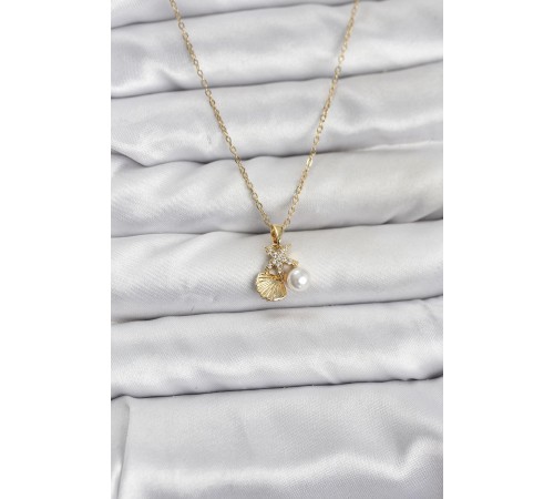 316L Çelik Zincir Gold Renk Deniz Kabuğu ve Deniz Yıldızı Model Zirkon Taşlı Kadın Kolye