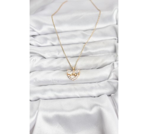 316L Çelik Zincir Gold Renk Kalp ve Fiyonk Model Zirkon Taşlı Kadın Kolye