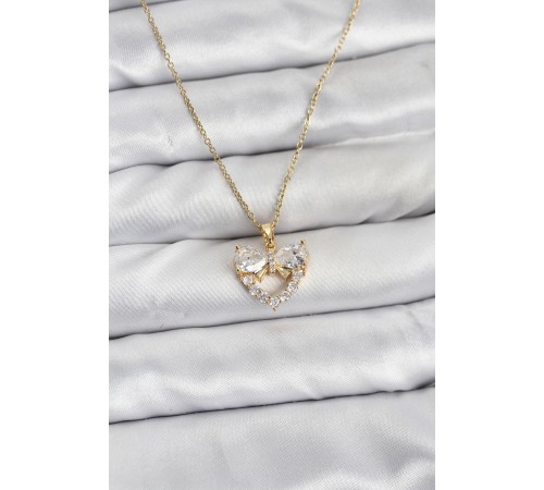 316L Çelik Zincir Gold Renk Kalp ve Fiyonk Model Zirkon Taşlı Kadın Kolye