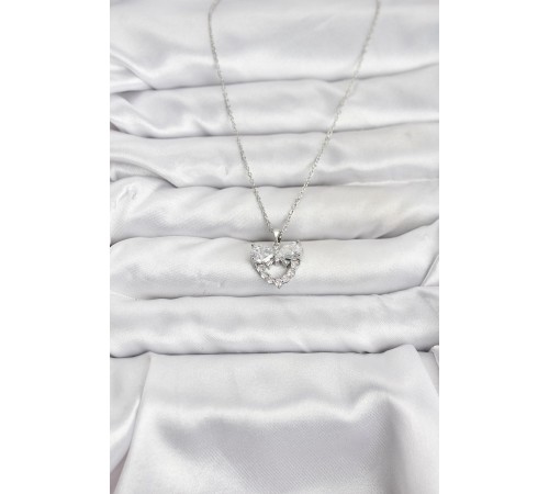 316L Çelik Zincir Gümüş Renk Kalp ve Fiyonk Model Zirkon Taşlı Kadın Kolye
