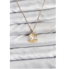 316L Çelik Zincir Gold Renk İstiridye İnci Model Zirkon Taşlı Kadın Kolye