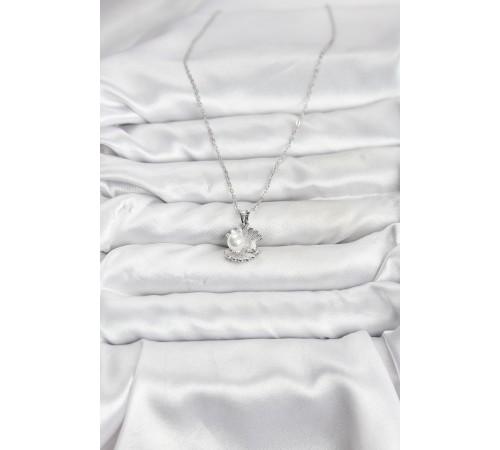 316L Çelik Zincir Gümüş Renk İstiridye İnci Model Zirkon Taşlı Kadın Kolye
