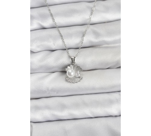 316L Çelik Zincir Gümüş Renk İstiridye İnci Model Zirkon Taşlı Kadın Kolye