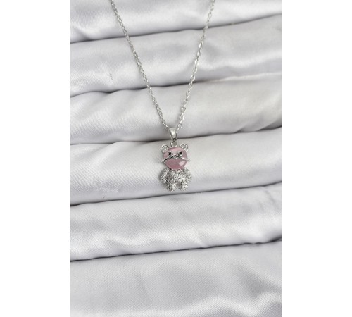 316L Çelik Zincir Gümüş Renk Teddy Bear Model Zirkon Taşlı Kadın Kolye
