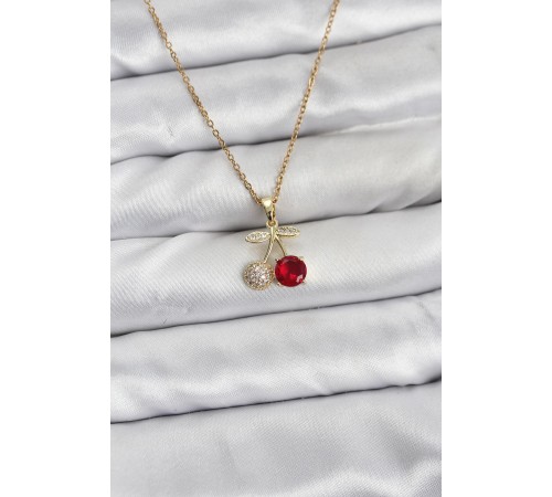 316L Çelik Zincir Gold Renk Kiraz Model Zirkon Taşlı Kadın Kolye