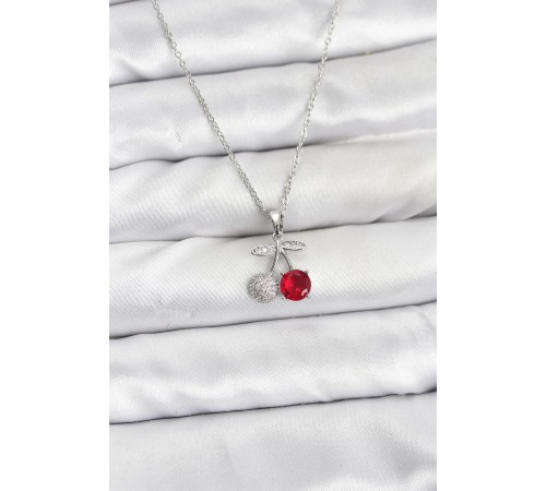 316L Çelik Zincir Gümüş Renk Kiraz Model Zirkon Taşlı Kadın Kolye
