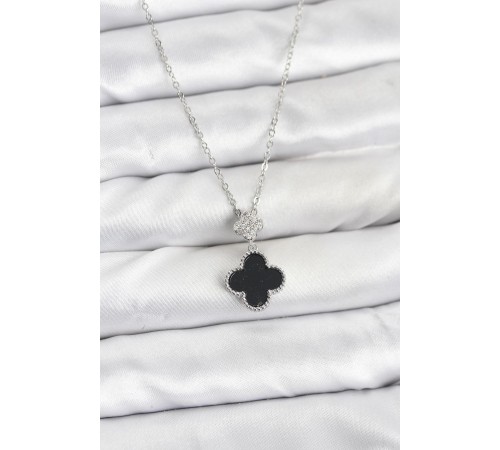 316L Çelik Zincir Gümüş Renk Yonca Model Zirkon Taşlı Kadın Kolye