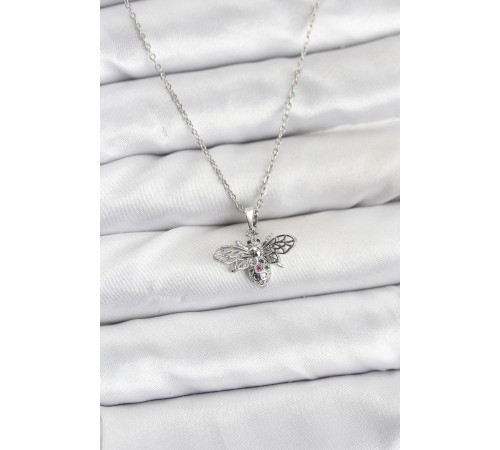 316L Çelik Zincir Gümüş Renk Sinek Model Zirkon Taşlı Kadın Kolye