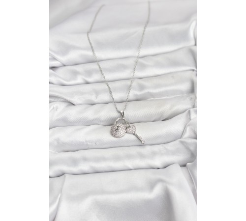 316L Çelik Zincir Gümüş Renk Kilit Anahtar Model Zirkon Taşlı Kadın Kolye