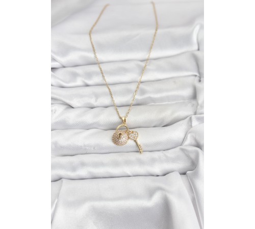 316L Çelik Zincir Gold Renk Kilit Anahtar Model Zirkon Taşlı Kadın Kolye