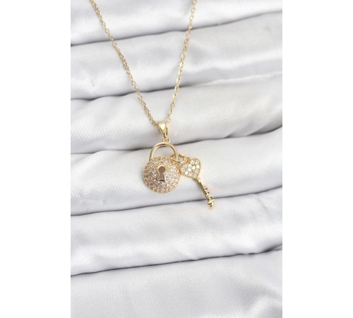 316L Çelik Zincir Gold Renk Kilit Anahtar Model Zirkon Taşlı Kadın Kolye