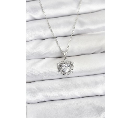 316L Çelik Zincir Gümüş Renk Kalp Model Zirkon Taşlı Kadın Kolye