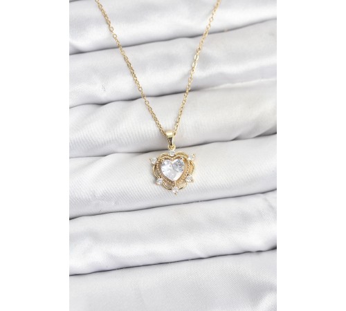 316L Çelik Zincir Gold Renk Kalp Model Zirkon Taşlı Kadın Kolye