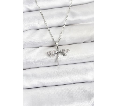 316L Çelik Zincir Gümüş Renk Yusufçuk Model Zirkon Taşlı Kadın Kolye