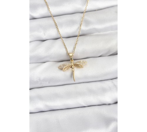 316L Çelik Zincir Gold Renk Yusufçuk Model Zirkon Taşlı Kadın Kolye