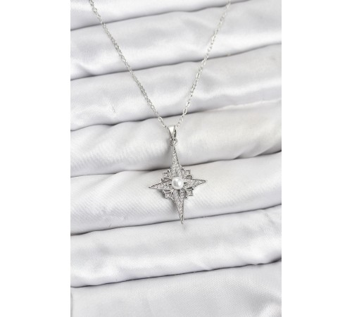 316L Çelik Zincir Gümüş Renk Kutup Yıldızı Model Zirkon Taşlı Kadın Kolye