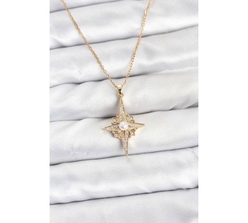 316L Çelik Zincir Gold Renk Kutup Yıldızı Model Zirkon Taşlı Kadın Kolye