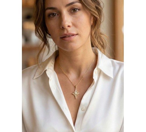 316L Çelik Zincir Gold Renk Kutup Yıldızı Model Zirkon Taşlı Kadın Kolye