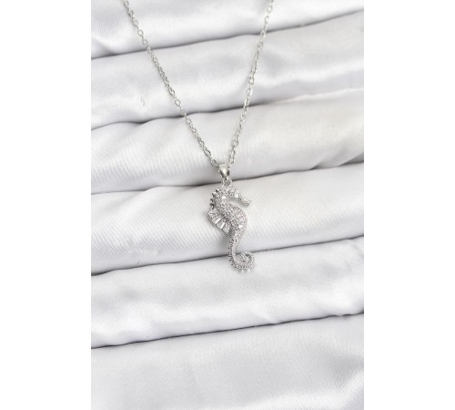 316L Çelik Zincir Gümüş Renk Deniz Atı Model Zirkon Taşlı Kadın Kolye