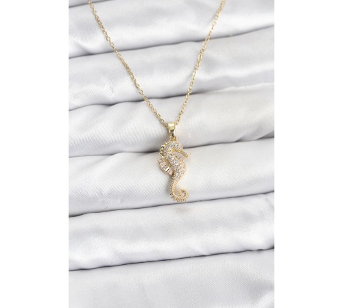316L Çelik Zincir Gold Renk Deniz Atı Model Zirkon Taşlı Kadın Kolye