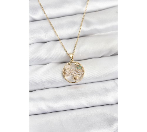 316L Çelik Zincir Gold Renk Şans Kolyesi Model Zirkon Taşlı Kadın Kolye