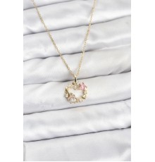 316L Çelik Zincir Gold Renk Pembe Taş Detaylı Çelenk Model Kadın Kolye