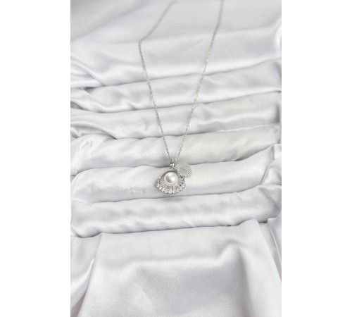316L Çelik Zincir Gümüş Renk İncili Deniz Kabuğu Model Zirkon Taşlı Kadın Kolye