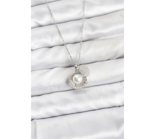 316L Çelik Zincir Gümüş Renk İncili Deniz Kabuğu Model Zirkon Taşlı Kadın Kolye