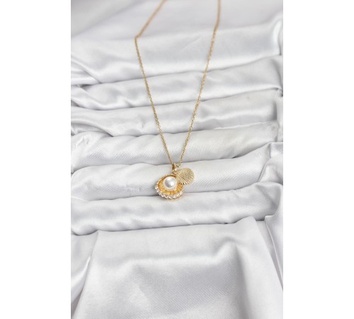 316L Çelik Zincir Gold Renk İncili Deniz Kabuğu Model Zirkon Taşlı Kadın Kolye