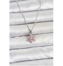 316L Çelik Zincir Gümüş Renk Pembe Zirkon Taşlı Lotus Model Kadın Kolye