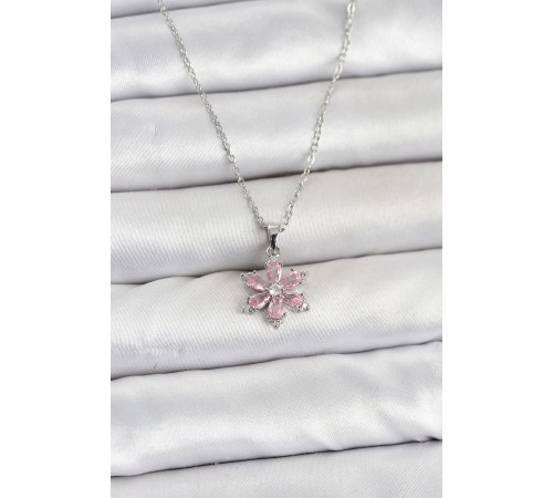 316L Çelik Zincir Gümüş Renk Pembe Zirkon Taşlı Lotus Model Kadın Kolye