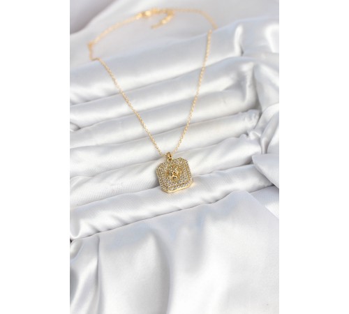 316L Çelik Zincir Gold Aslan Madalyon Model Zirkon Taşlı Kadın Kolye