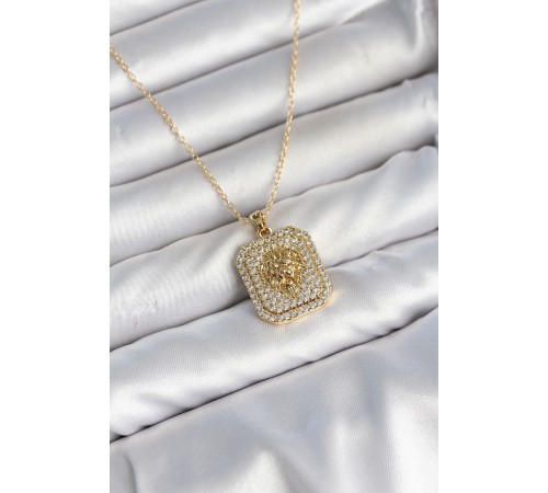 316L Çelik Zincir Gold Aslan Madalyon Model Zirkon Taşlı Kadın Kolye
