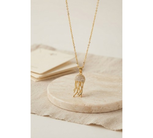 316L Çelik Zincir Gold Renk Zirkon Taşlı Jellyfish Model Kolye