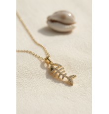 316L Çelik Zincir Gold Renk Minimal Zirkon Taşlı Balık Kılçığı Kolye