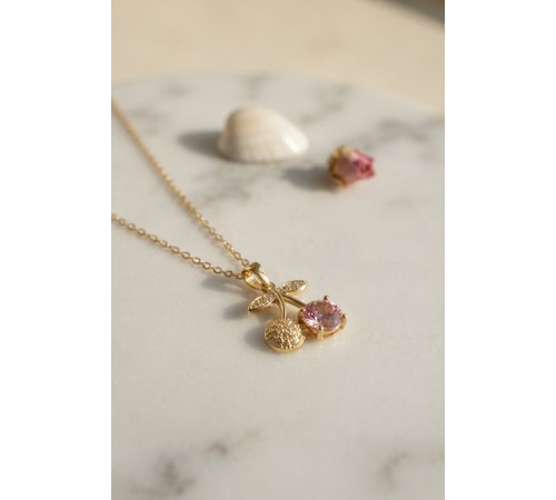 316L Çelik Zincir Gold Renk Pembe Kiraz Model Kolye