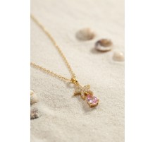 316L Çelik Zincir Gold Renk Yıldız Model Pembe Damla Taş Model Kolye