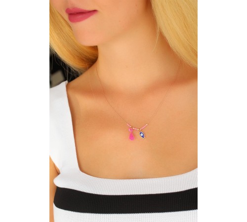 Nazar Boncuklu Pembe Renk Taşlı Rose Bayan Kolye