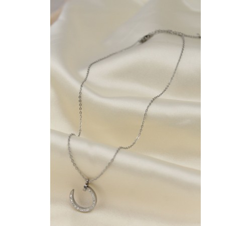 Çelik Silver Renk Zirkon Taşlı Çivi Model Kadın Kolye