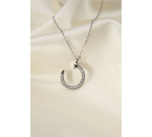 Çelik Silver Renk Zirkon Taşlı Çivi Model Kadın Kolye
