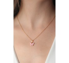 Gold Pembe Renk Kelebek Figür Kadın Kolye