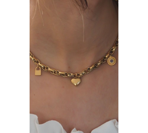 Çelik Gold Renk Kalın Zincir Model Kalp Figür Kadın Kolye