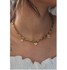 Çelik Gold Renk Kalın Zincir Model Kalp Figür Kadın Kolye
