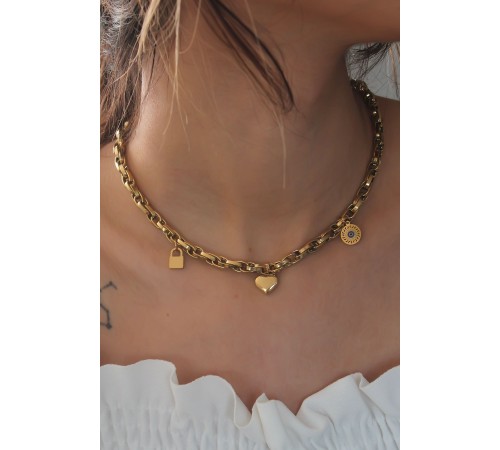 Çelik Gold Renk Kalın Zincir Model Kalp Figür Kadın Kolye
