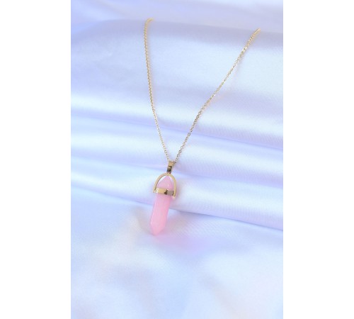 316L Çelik Gold Renk Kristal Pembe Taş Model Kadın kolye