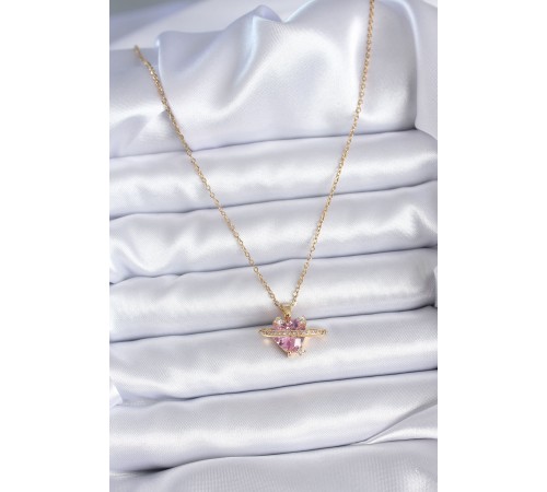 316L Çelik Gold Renk Zincir Pembe Kristal Kalp Model Zirkon Taş Detay Kadın Kolye