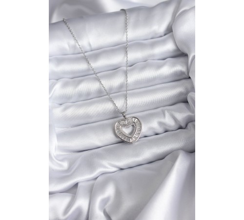 316L Çelik Zincir Gümüş Renk Baget Zirkon Taşlı Kadın Kolye