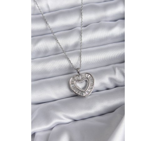 316L Çelik Zincir Gümüş Renk Baget Zirkon Taşlı Kadın Kolye