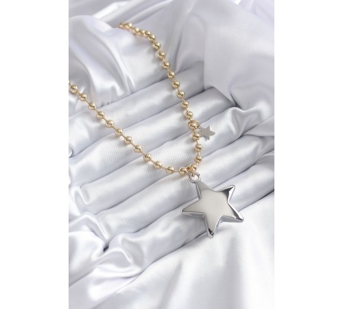 Pirinç Gold Renk Topçuk Zincir Gümüş 3D Yıldız Model Yıldız Detay VİP Kadın Kolye
