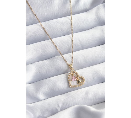 316L Çelik Gold Renk Zincir Zirkon Taşlı Kalp Model Kadın Kolye